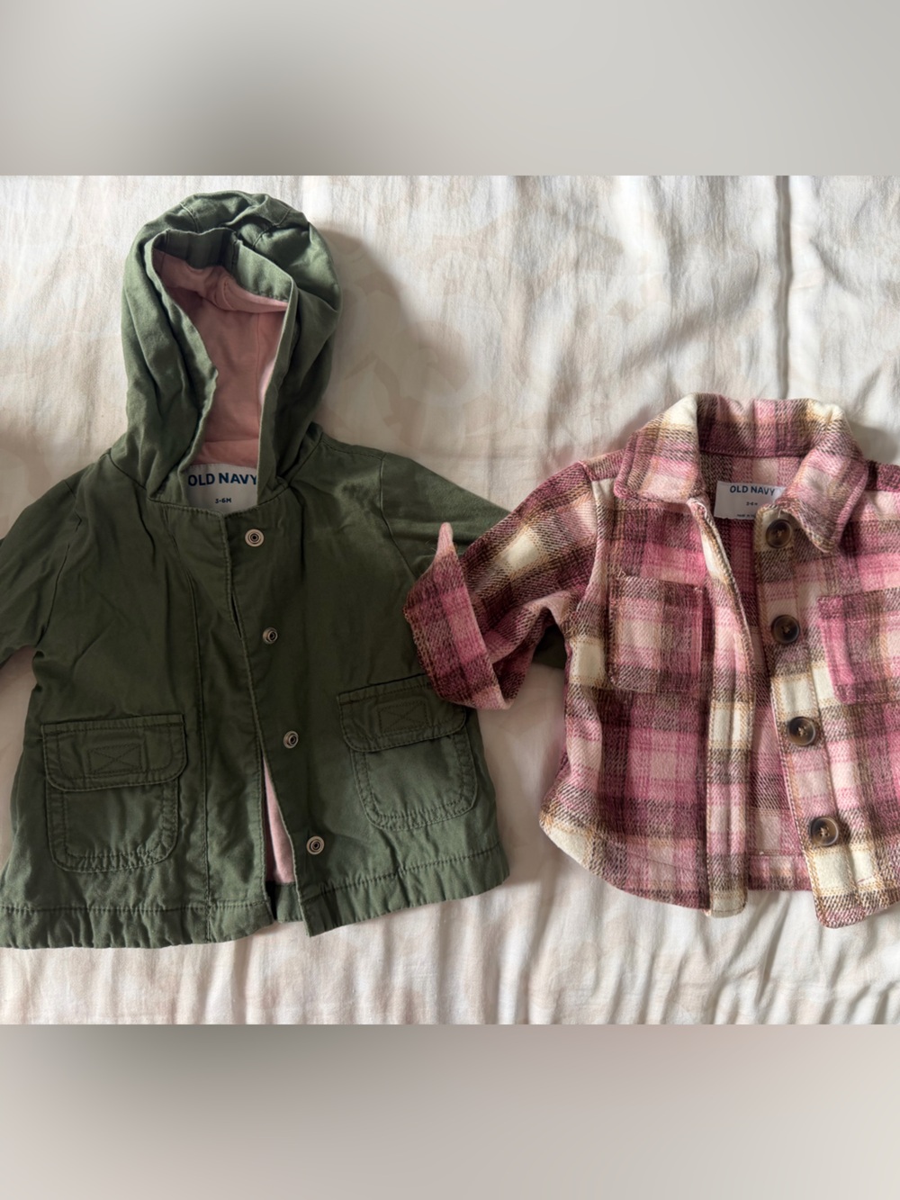 Set of Old Navy Olive Green Hooded Jacket & Pink Plaid Button Shacket 3-6 months